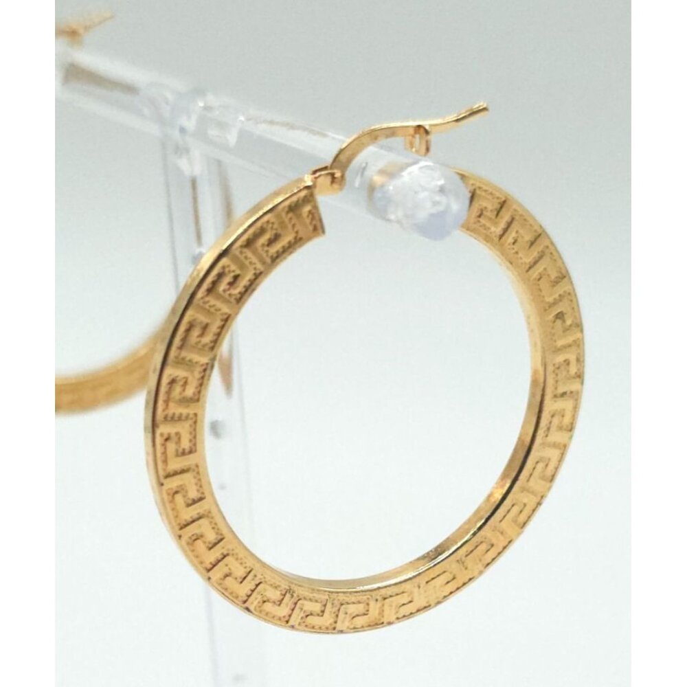 18K Gold-Plated Hoop Earrings With Greek Key Design Lightweight Elegant - Picture 2 of 5